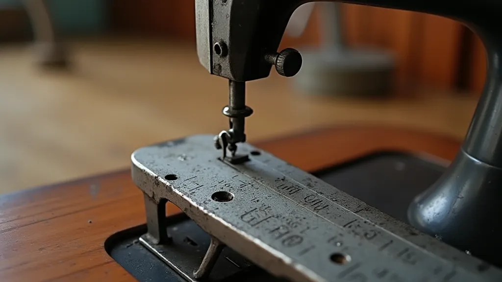Vintage sewing machine part being measured with calipers.