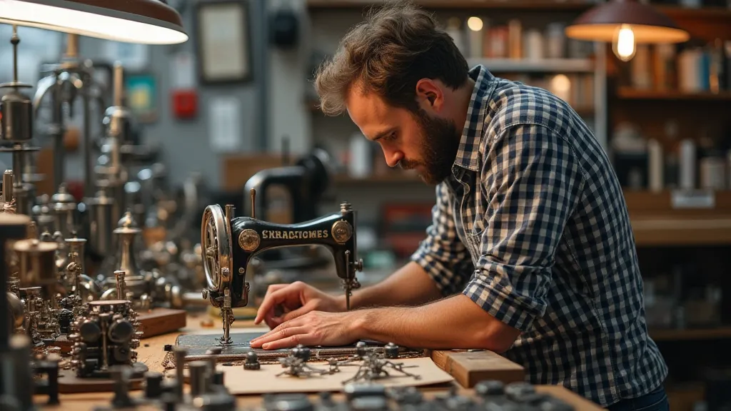 Vintage sewing machine parts displayed at a flea market.